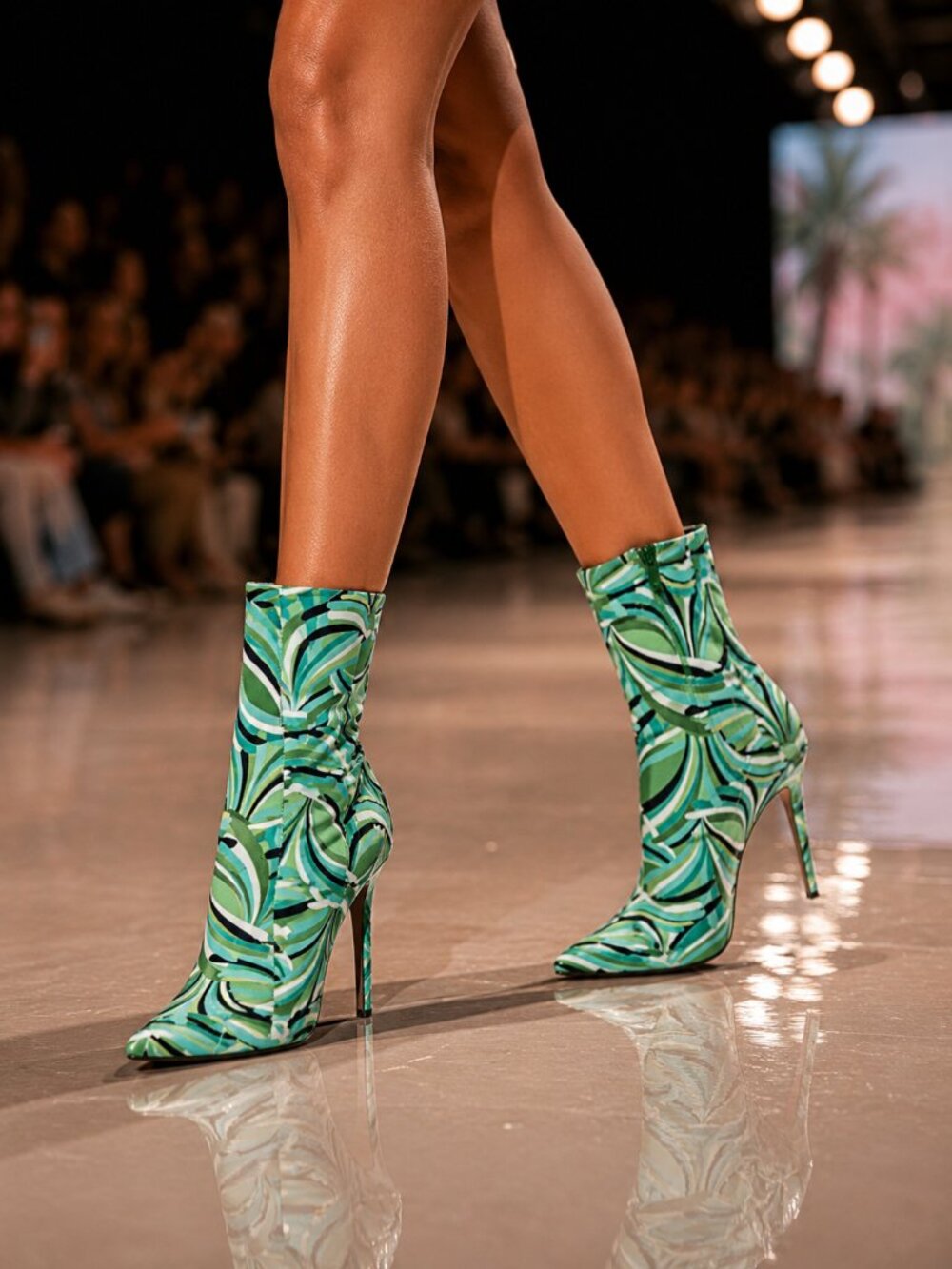 Odin Crazy Wild Color Pattern High Heel Stretch Fabric Ankle Boots - Green Blue - Picture 3 of 15